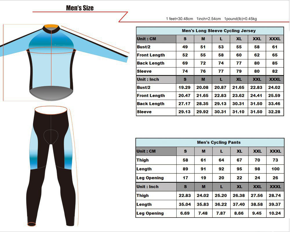 Men's Long Sleeve Cycling Jersey Size Chart Chogory